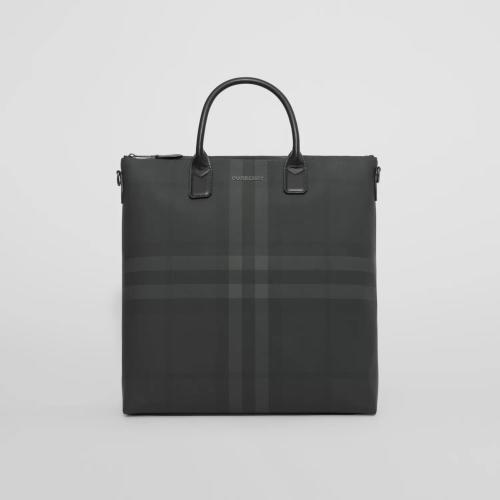  BURBERRY 22年秋冬 男士 炭灰色格纹拼皮革托特包 80529291
