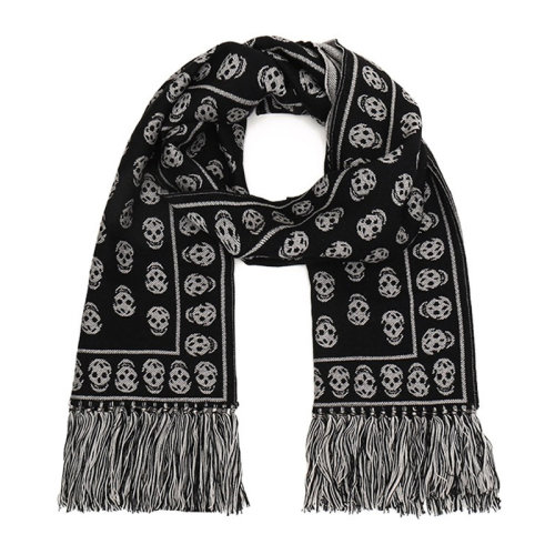 Alexander McQueen/亚历山大麦昆 中性黑白拼色羊毛骷髅头印花流苏滚边双面长款披肩围脖围巾 358351-4200Q-1078