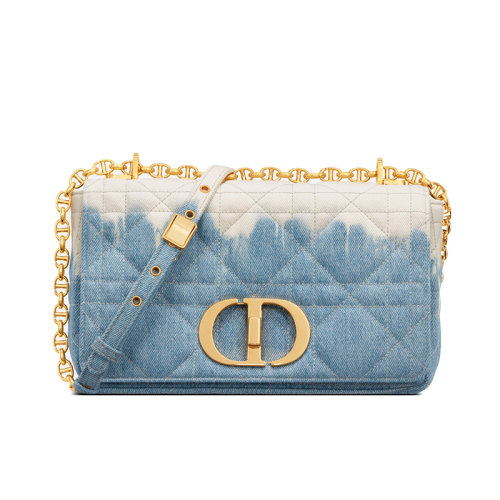 DIOR/迪奥 22新款DIOR CARO系列 女士蓝色藤格纹绗缝牛仔布CD金扣单肩斜跨手拿链条包M9242UJBI_M928