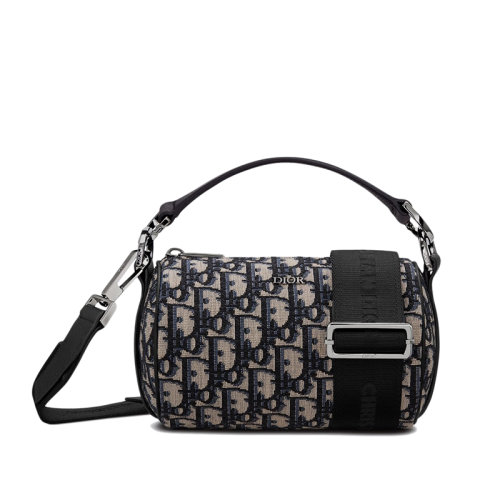 DIOR/迪奥 经典ROLLER系列 男士迷你米色黑色Oblique提花老花帆布单肩斜挎桶包1ESPO219YKY_H27E