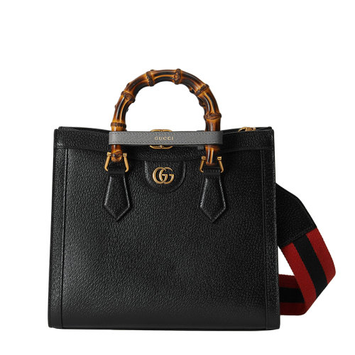 GUCCI/古驰 22春夏新款Diana系列 女士小号黑色皮革灰色饰带金扣双竹节提手单肩手提托特包702721U3ZDT1260