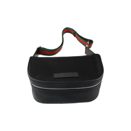 GUCCI|古驰 皮革徽标 红绿条纹织带肩带 帆布拼皮 胸包腰包 单肩斜挎包 男女同款 黑色