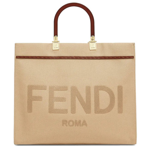 FENDI/芬迪 21早春新款 米色帆布小牛皮 刺绣“ FENDI ROMA”字样 女士手提包8BH386ABVVF1E1A