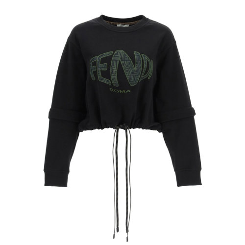Fendi/芬迪 女士黑色棉质经典字母徽标印花装饰平纹针织圆领长袖上衣卫衣运动衫套头衫 FS7461-AG7C-F0GME
