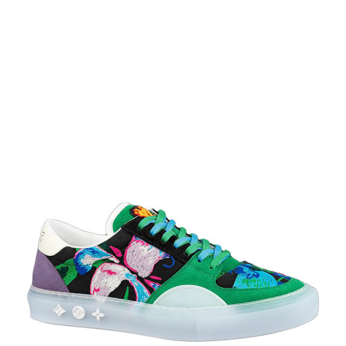 Louis Vuitton/路易威登 22年早春新款 LV OLLIE系列 男士绿色绣花面料花朵图案刺绣运动鞋1A9JIX