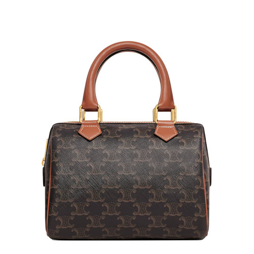 CELINE/赛琳  BOSTON系列 女士小号经典凯旋老花帆布棕褐色皮革饰边手提单肩波士顿包197582CAS.04LU