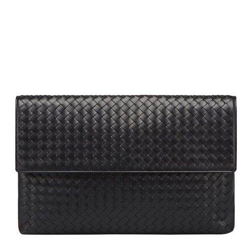 Bottega Veneta/葆蝶家  中性黑色羊皮编织翻盖手拿包