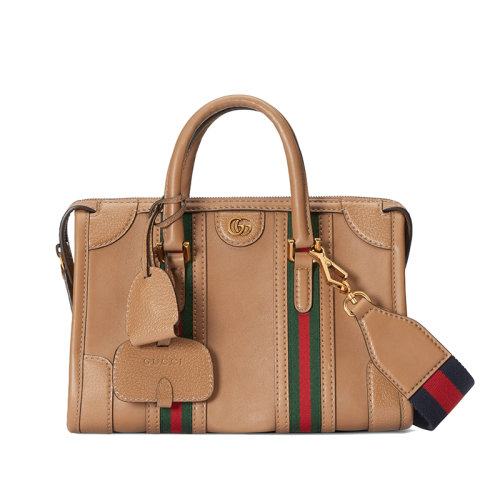 GUCCI/古驰 22新款Exquisite系列 女士小号浅棕色皮革金扣饰红绿织细节拉链开合单肩手提包715772AAA0O9746
