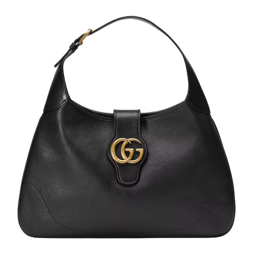 Gucci 古驰 22新款 女士中号黑色皮革金色饰面搭扣磁扣开合双G标志调节肩带单肩手提包726274AAA9F1000