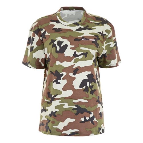 Miu Miu/缪缪  服装 圆领 女性 迷彩 宽松 军绿色 女士短袖T恤 MJN085 1TIS F0161