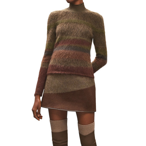 HERMES/爱马仕 22年秋冬新款 女士洛登绿色羊毛混纺条纹长袖套头衫毛衣H2H2600DG4P44