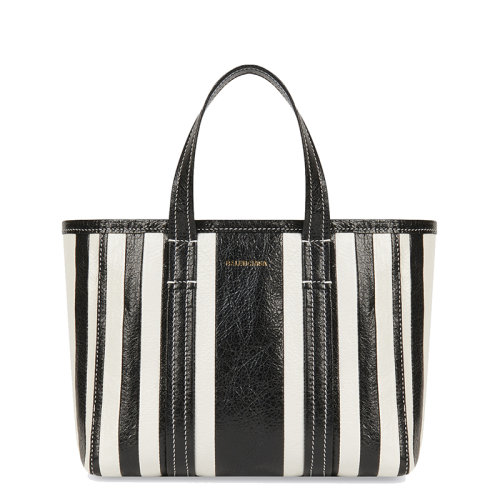 Balenciaga/巴黎世家 20  EAST-WEST BARBES系列 女士小号黑色小羊皮黑白条纹拼布手提购物包6714041VGAN1090