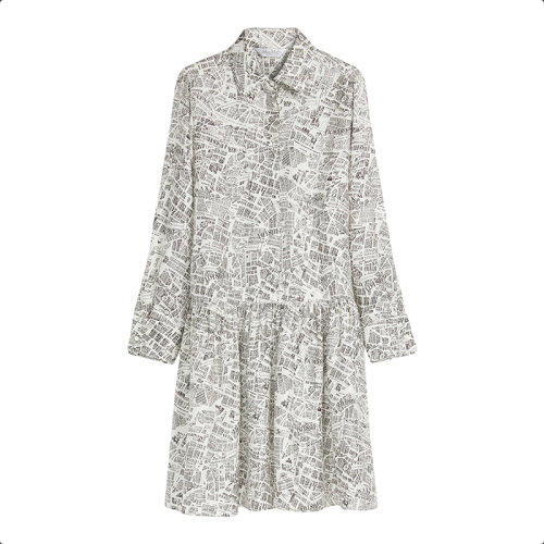 MaxMara/麦丝玛拉 22年早春新款 AQUILE系列 女士白色真丝地图图案印花衬衫连衣裙1231012106001