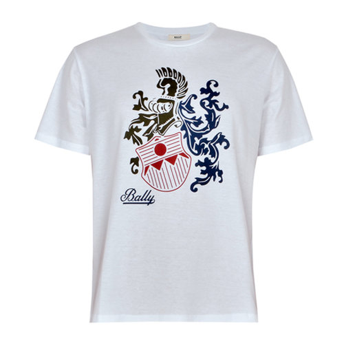 BALLY/巴利  白色棉质红蓝黑马印花圆领男士短袖T恤