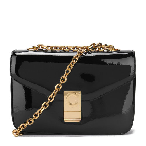 CELINE/赛琳女士链条logo印字单肩斜挎ins风背包黑色皮革187253BFA女包