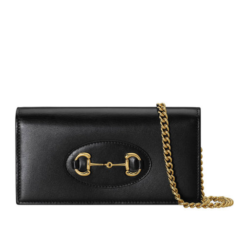 GUCCI/古驰 1955系列 黑色皮革经典马蹄扣百搭翻盖链条钱包单肩包 6218920YK0G1000