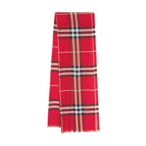 BURBERRY/博柏利 22年早春新款 男女同款亮红色/黑色羊毛桑蚕丝混纺轻盈格纹细穗流苏围巾80493451