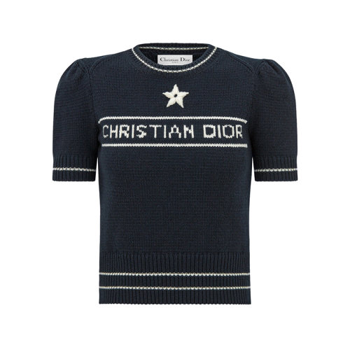 DIOR/迪奥 22年早春新款 女士海军蓝色羊毛和羊绒混纺泡泡袖短袖针织衫毛衣224S09AM308_X5800