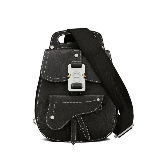 DIOR/迪奥 22新款GALLOP系列 男士黑色粒面牛皮革缉面线装饰翻盖开合单肩斜挎手提包1ADBO022YKK_H00N