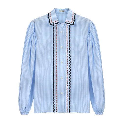 MiuMiu/缪缪 天蓝色 女士格纹廓形衬衫 MK1421_318_F0012