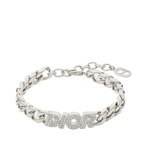 DIOR/迪奥 镀银黄铜DIOR字母镶嵌白色晶体链环手链B1396HOMMT_D001