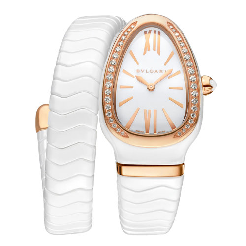 BVLGARI/宝格丽 白色陶瓷表壳和螺旋表链 18K金玫瑰金表圈镶有明亮式切割钻石 白色上漆表盘 SERPENTI SPIGA石英手表 35毫米102613