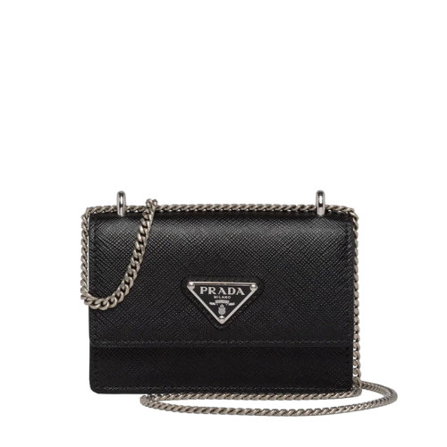 PRADA/普拉达 22年新款 女士黑色皮革三角银标银链单肩斜挎卡包1MR0_QHH_F0632
