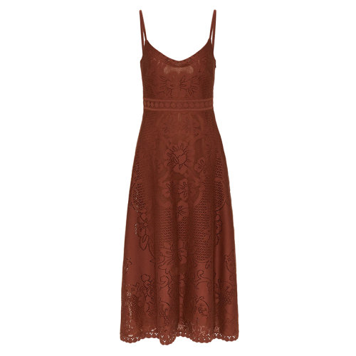 Valentino/华伦天奴 22年早春新款 女士棕色尼龙棉质混纺凸纹蕾丝吊带连衣裙XB3VAY356W3C30