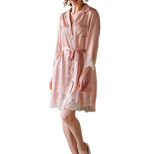 GeleiStory/GeleiStory19姆米重磅真丝睡袍女士桑蚕丝蕾丝边家居服女士套装款长袖睡裙长袖长裤套装女睡衣/家居服