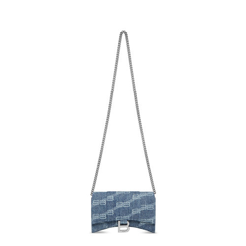 Balenciaga/巴黎世家 22新款Hourglass系列 女士小号蓝色褪色做旧效果牛仔布银扣单肩斜跨手提手拿沙漏链条钱包656050210E64716