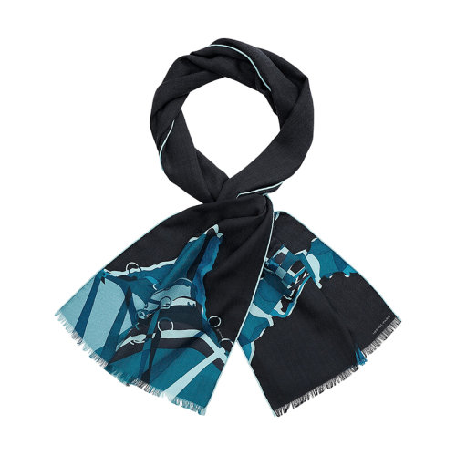 HERMES/爱马仕 22年早春新款 男士海军蓝/黑色羊绒和真丝混纺印花围巾H693843T04