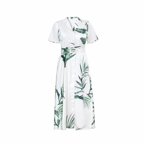 GeleiStory/GeleiStory 新款女装连衣裙时尚优雅小翻领中长款热带植物收腰系带大摆裙 女装>女士裙装>女士连衣裙