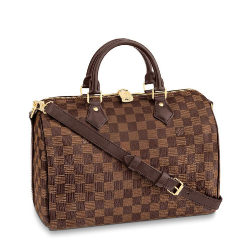 Louis Vuitton/路易威登 经典款SPEEDY 30系列 女士乌木色棋盘格帆布饰皮革滚边金扣配可拆卸肩带拉链开合单肩斜挎手提包N41367