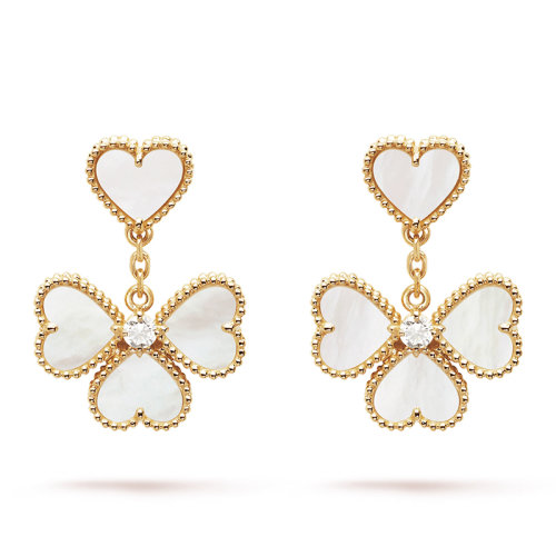 Van Cleef & Arpels/梵克雅宝 经典Sweet Alhambra effeuillage系列 18K金黄金镶嵌白色珍珠母贝镶钻四叶草心形耳坠VCARN5PQ00