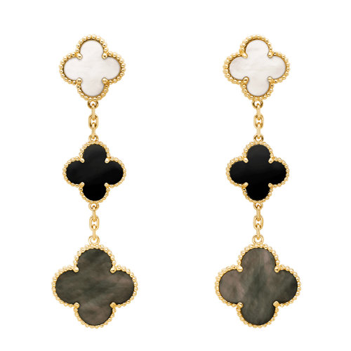 Van Cleef & Arpels/梵克雅宝 经典Magic Alhambra系列 18k金黄金白灰珍珠母贝玛瑙3四叶草耳环VCARD79000