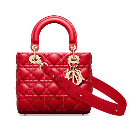DIOR/迪奥 23新款 lady系列 女士小号猩红色小羊皮藤格纹绗缝细节搭配徽章调节宽肩带拉链开合单肩手提包M0538ONGE_M57R