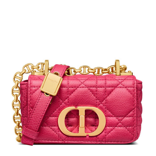 DIOR/迪奥 22春夏新款CARO系列 女士超迷你亮粉色柔软牛皮革藤格纹金扣金链单肩斜挎链条包S2022UWHC_M15F