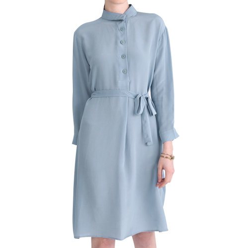 GeleiStory/GeleiStory 夏季新款 原宿风北欧立领气质连衣裙高腰系带真丝中长款衬衫裙 女士连衣裙