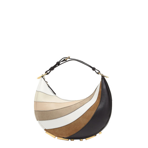 FENDI/芬迪 22春夏新款Fendigraphy系列 女士小号小牛皮镶嵌层压皮革绒面革棕色调条纹Hobo包单肩包腋下包8BR798AJSSF1HNV