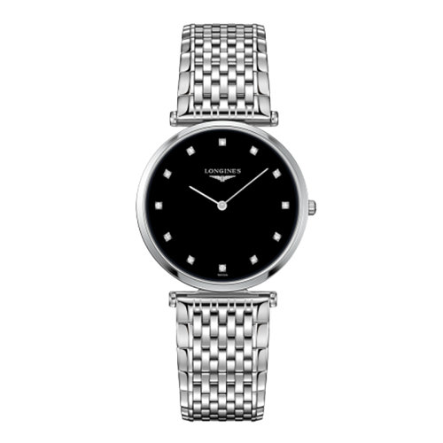 LONGINES/浪琴 嘉岚系列 石英表镶钻黑盘钢链男表33毫米L4.709.4.55.6