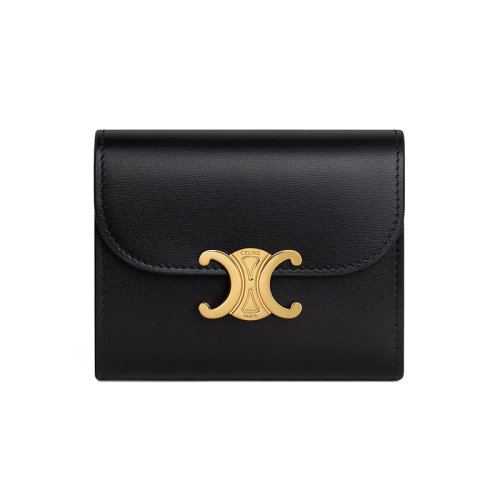 CELINE/赛琳 22新款TRIOMPHE系列 女士小号黑色牛皮革凯旋金扣三折钱包10D783DPV.38NO