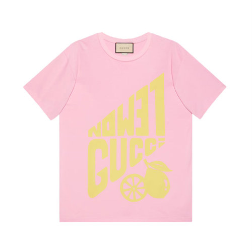 GUCCI/古驰 女士粉色棉质徽标印花装饰圆领短袖上衣T恤 615044-XJD08-5673