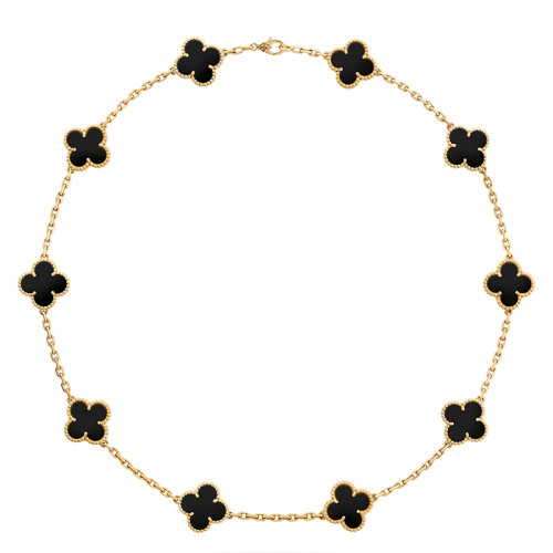 Van Cleef & Arpels/梵克雅宝 经典Vintage Alhambra系列 18k金黄金镶黑玛瑙10四叶草项链VCARA42700