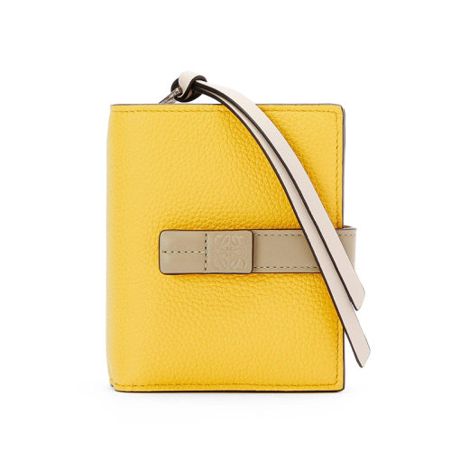 LOEWE/罗意威 22新款 女士黄色/粘土绿色粒面牛皮革徽标压纹搭扣紧凑两折钱包C660Z41X01-0013