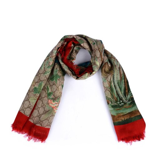 GUCCI/古驰 女士红色Tian花鸟图案羊毛围巾丝巾围脖 424456-3G856-6465