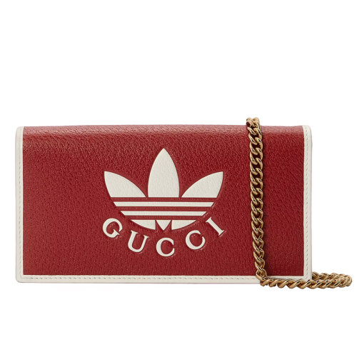 GUCCI/古驰 2022年新款 阿迪达斯联名款 女士红色/米白色皮革三叶草印花滚边按扣开合链带钱包单肩斜挎包621892UZ3BG6484