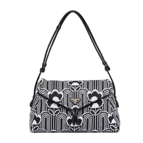 PRADA/普拉达 Signaux系列 黑白复古几何图案织物拼接黑色皮革简约翻盖单肩包1BC165_2DX1_F02JQ_V_OOO