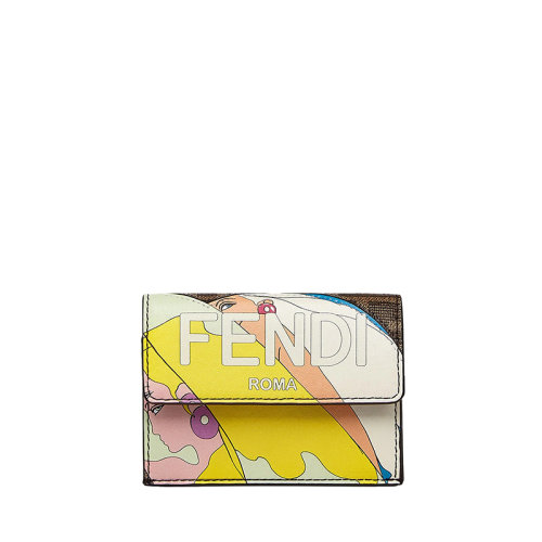 FENDI/芬迪 22早春限量新款 女士小号紧凑深棕色小牛皮双F老花合作彩虹女孩插画徽标三层折叠钱包8M0395AK5ZF1HB5