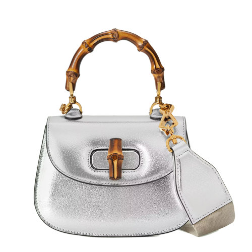 GUCCI/古驰 22春夏新款Bamboo 1947系列 女士迷你银色皮革竹节提手纽扣配可拆卸肩带单肩手提包6868641TRCT1281