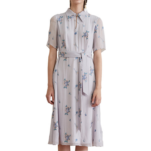 HUI/卉 女士连衣裙19夏季浅灰色真丝连衣裙小翻领收腰短袖刺绣连衣裙